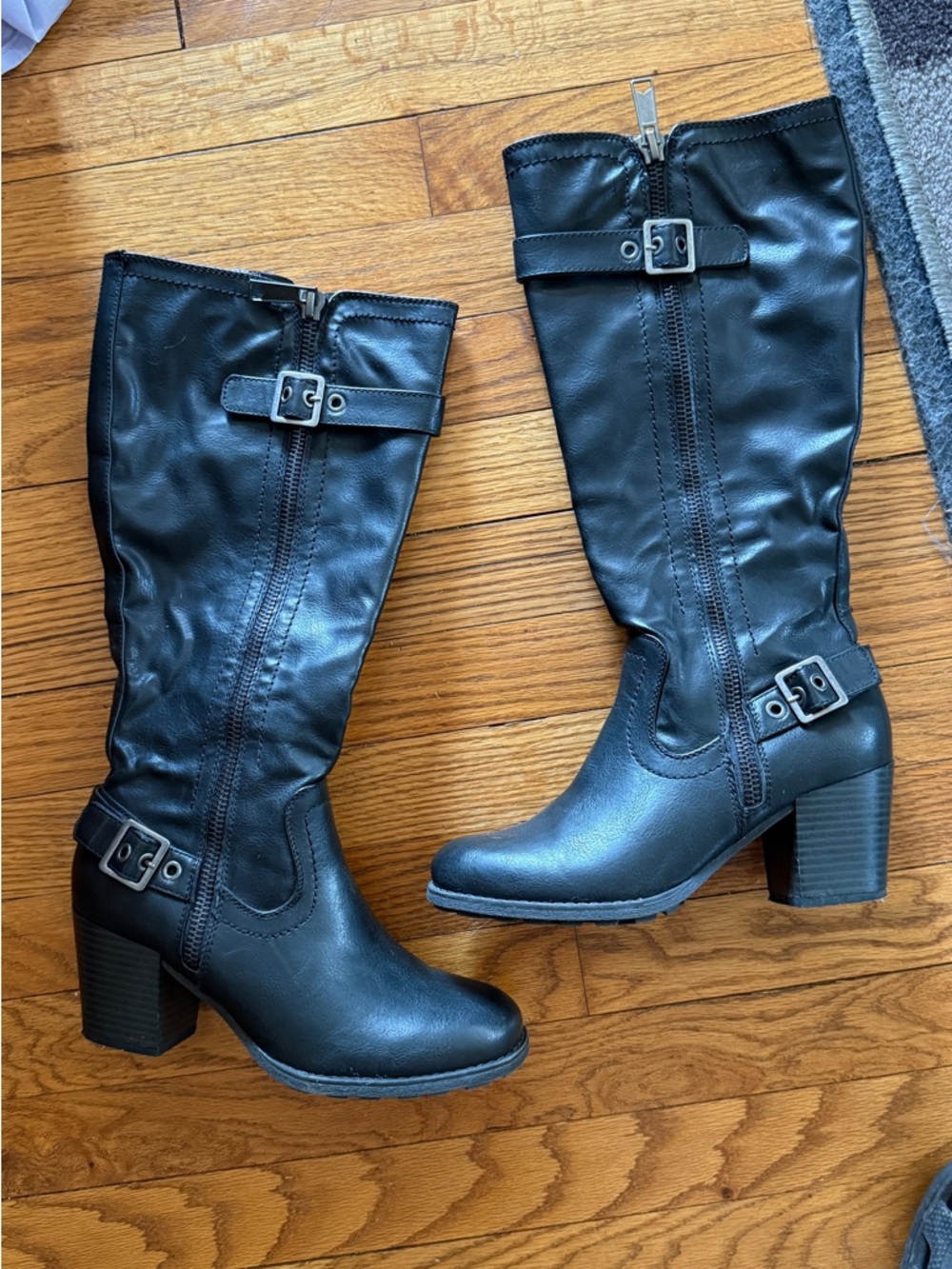 White Mountain Black Mid-Calf Block Heel Riding Boots with Buckle Accents